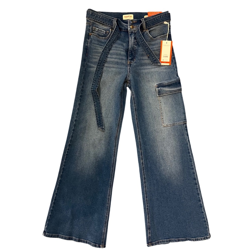 Sofia Vergara Margot High Rise Wide Leg Cargo Jeans Medium Wash Blue Belted 8